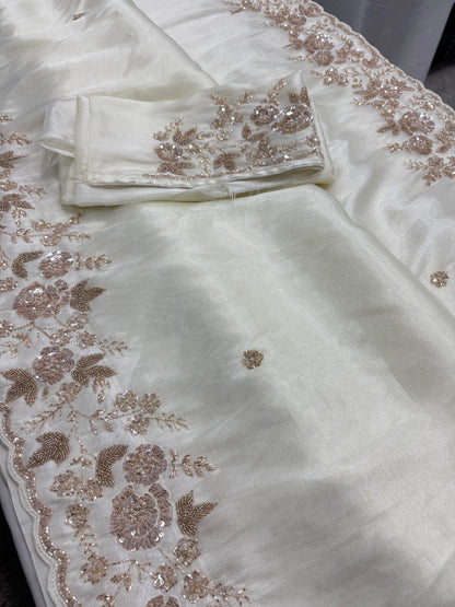 Reeva: Cream & Gold Hand Embroidered Tissue Saree | Wedding Wear image 2
