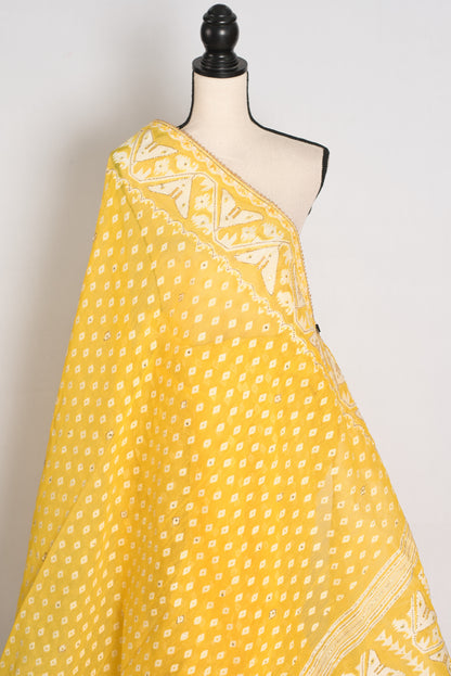 Gita – Bright Yellow and White Blended Cotton Jamdani Saree image 4
