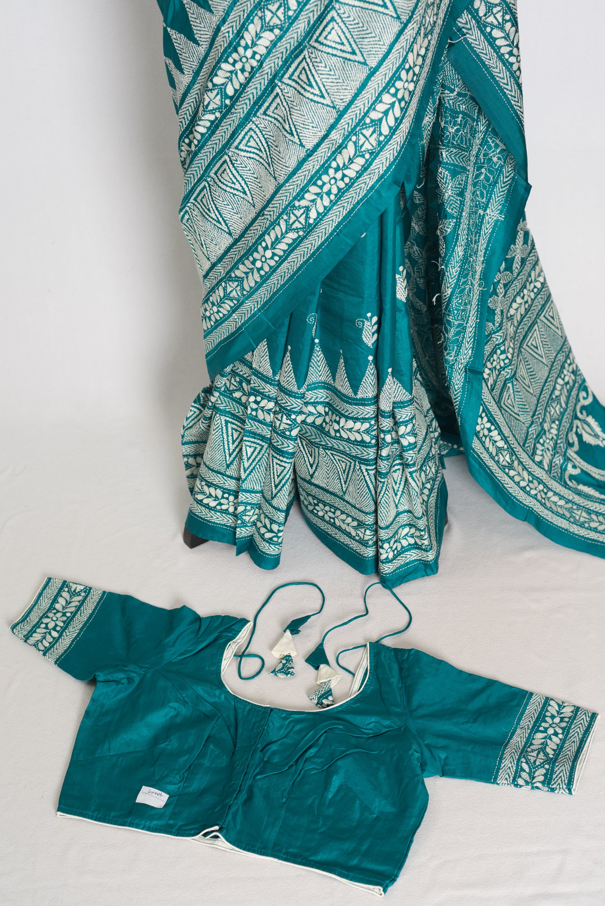 Keya : Green Pure Silk Kantha Saree with 40 Size Ready Stitched Blouse image 1