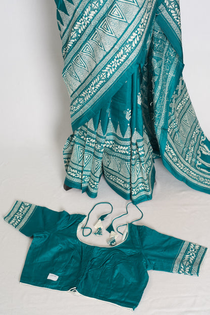 Keya : Green Pure Silk Kantha Saree with 40 Size Ready Stitched Blouse image 1