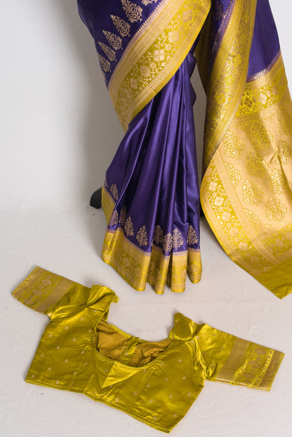 Shruti: Purple and Green Semi Mashru Valkalam Banarasi Saree with 38 Size Blouse image 2