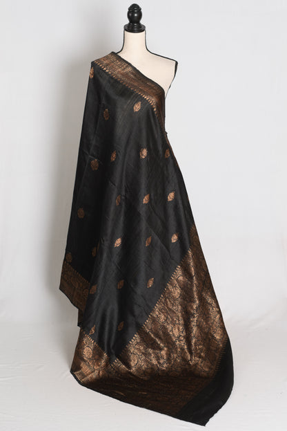 Nandini : Black Pure Raw Silk Banarasi Saree | Antique Gold Zari Weave image 1