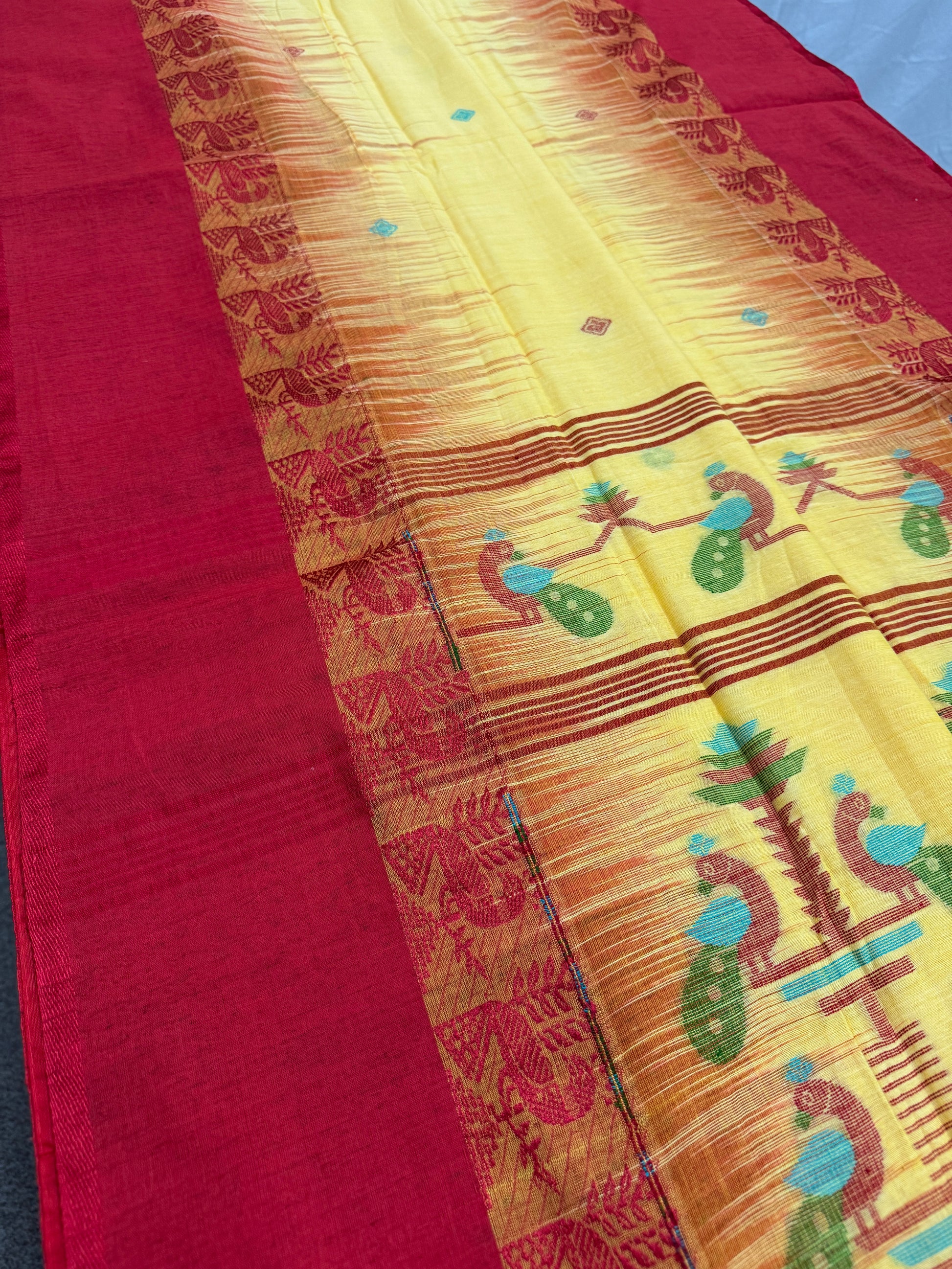 Kanchana : Yellow and Red Soft Cotton Bengal Handloom Saree image 0
