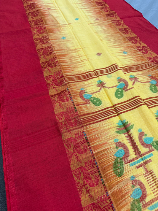 Kanchana : Yellow and Red Soft Cotton Bengal Handloom Saree image 0