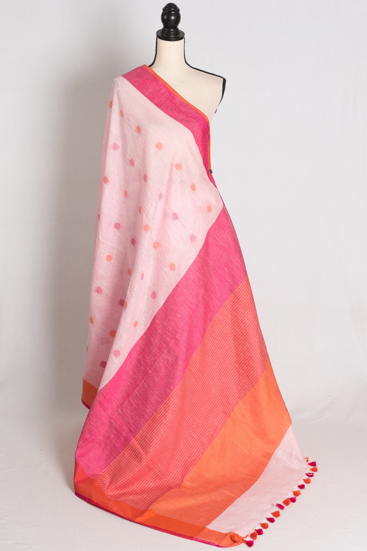 Afrin : Powder Pink Polka Dot Pure Linen Saree with Ganga Jamuna Border image 1