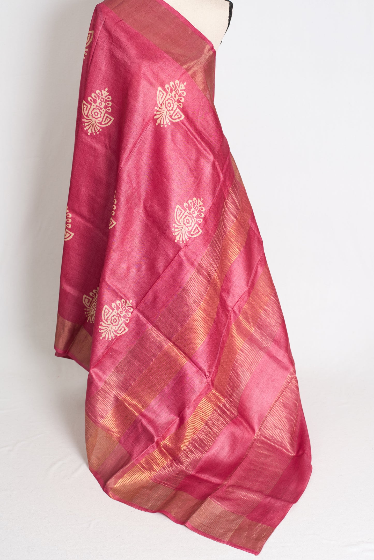 Sudha: Hand Block Printed Pink Tussar Silk Saree with Gold Muted Border image 3