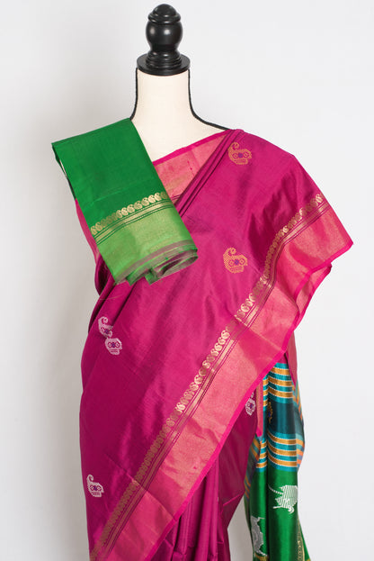 Mridula : Lightweight Bishnupur Katan Silk Saree in Purple and Green image 2