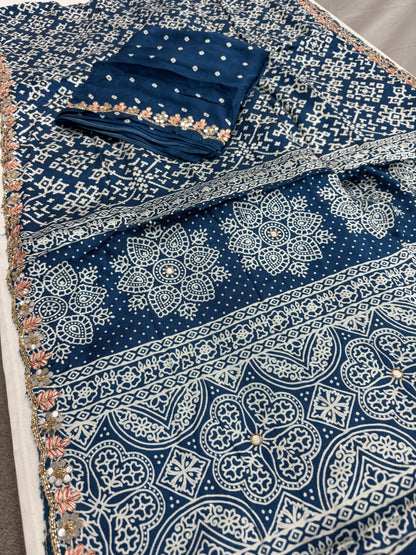 Neelima : Cobalt Blue Modal Silk Ajrakh Saree with Hand Embroidery Work image 4