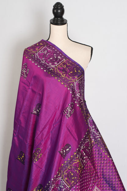 Indrani | Purple Hand Block Printed Bishnupur Katan Silk Saree | Pure Silk image 3