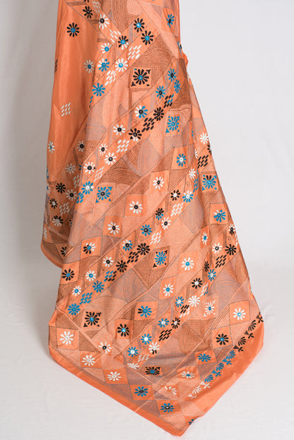 Rukmini : Light Orange Blended Silk Saree with Hand Embroidery Lambani Work image 3