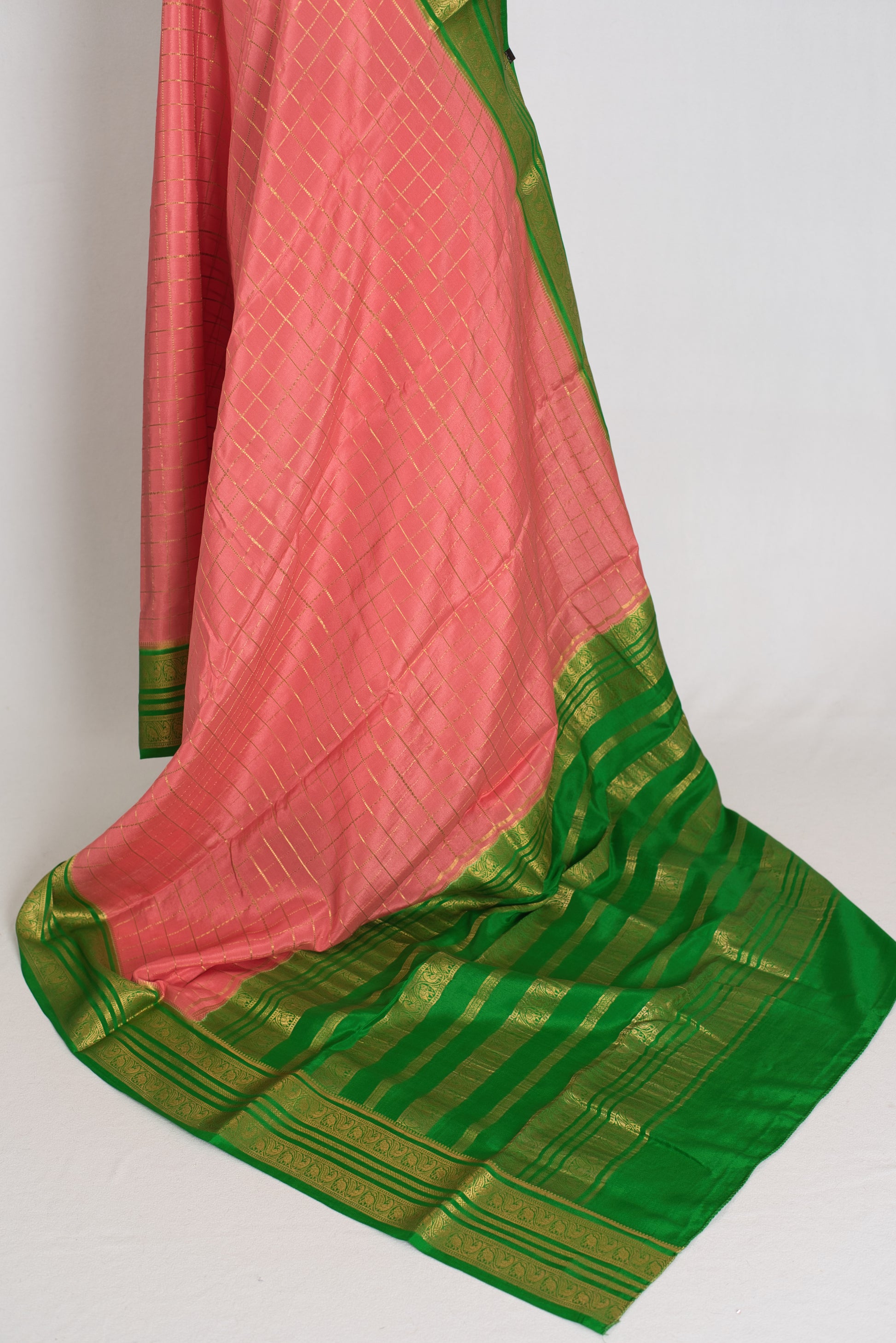 Padmini : Peach & Green Premium Mysore Silk Saree | Silk Mark Certified image 4