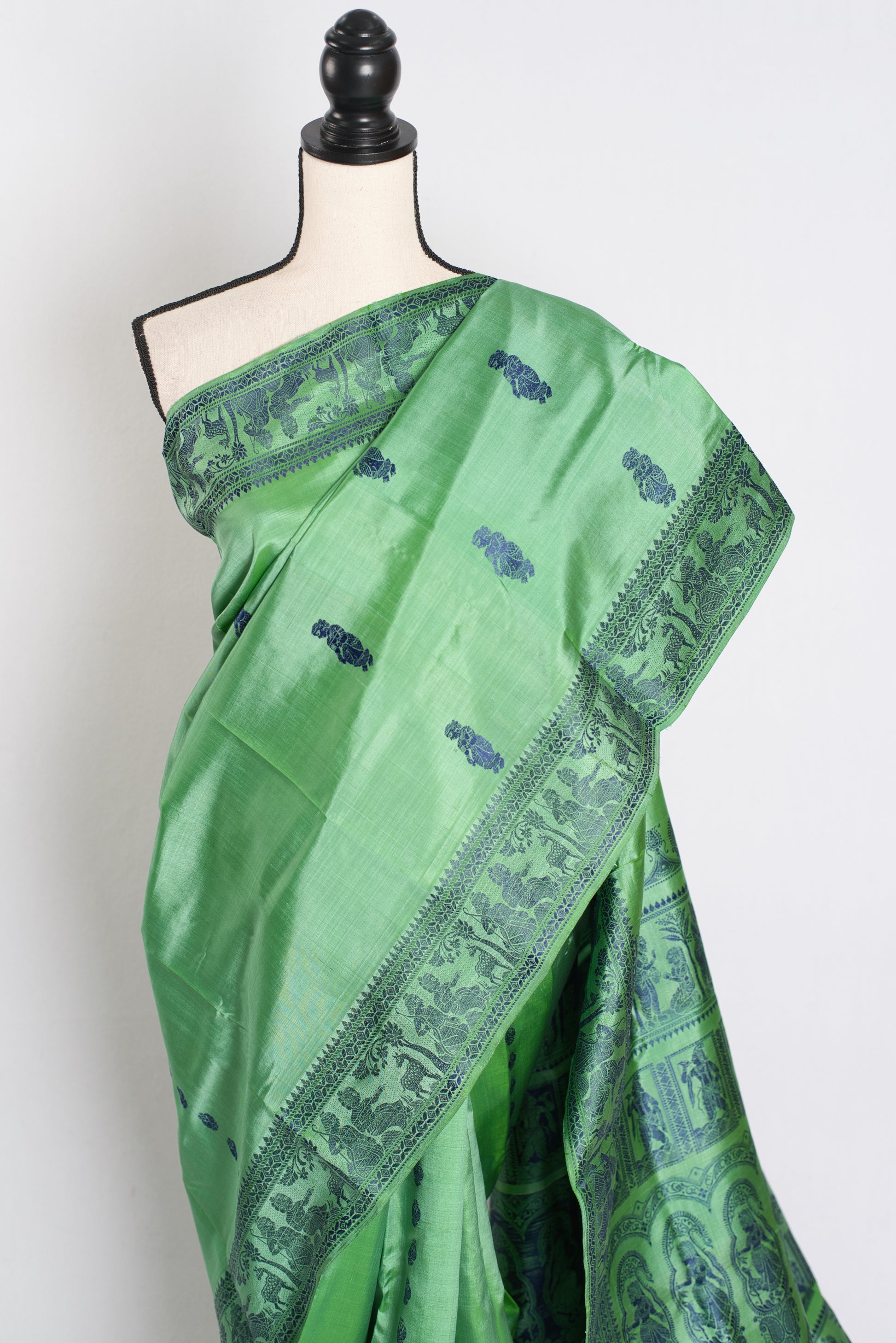 Sriti : Traditional Baluchari Silk Saree from Bengal in Sage Green image 6