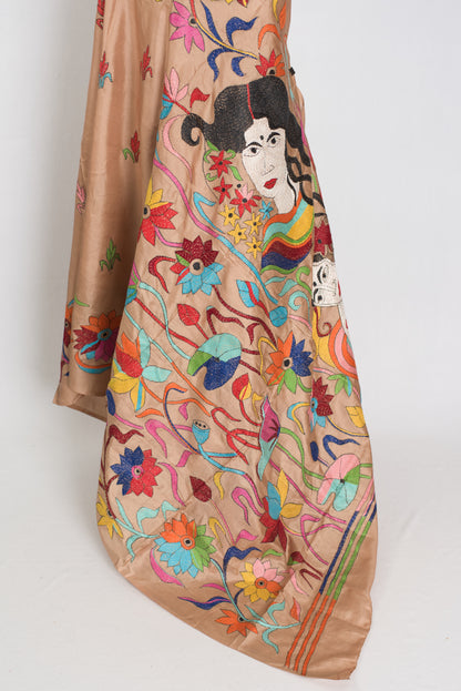 Malati: Silk Mark Certified Hand Embroidery Kantha Silk Saree in Brown image 2