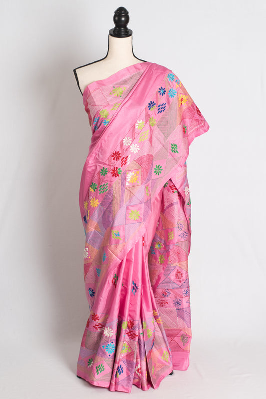 Amira : Pink Blended Silk Saree with Hand Embroidery Lambani Work Saree image 0
