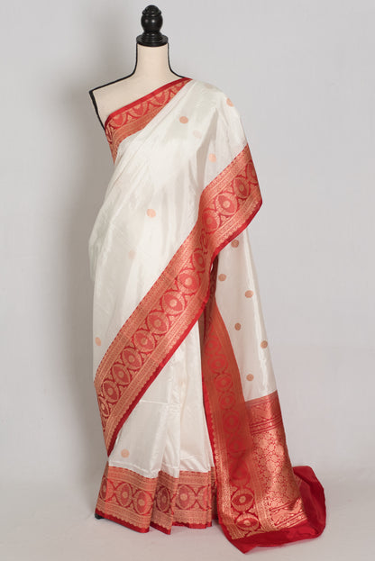 Shreya : White and Red Handwoven Katan Silk Banarasi Saree | Silk Mark Certified image 0