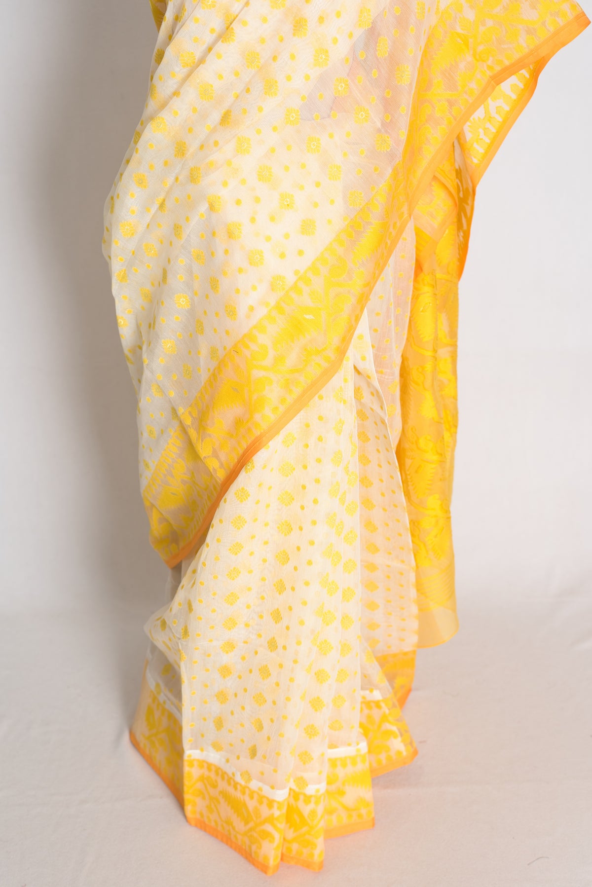 Off White and Yellow Jamdani saree — detail view
