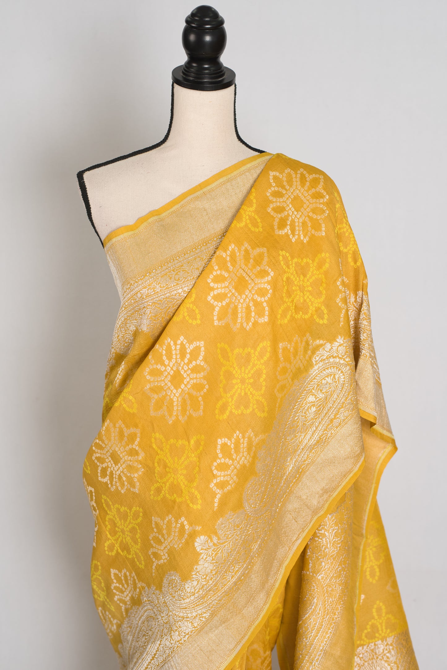 Gauri : Yellow Bandhani Tussar Georgette Banarasi Saree | Silk Mark Certified image 6