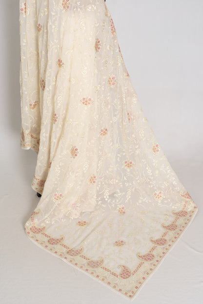 Shaba : Off-White Georgette Embroidered Cocktail Partywear Saree image 3