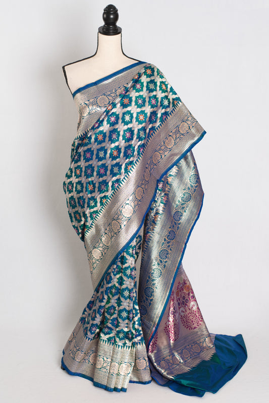 Brinda : Peacock Blue Bridal Banarasi Saree with Minakari Jaal Weaving image 0