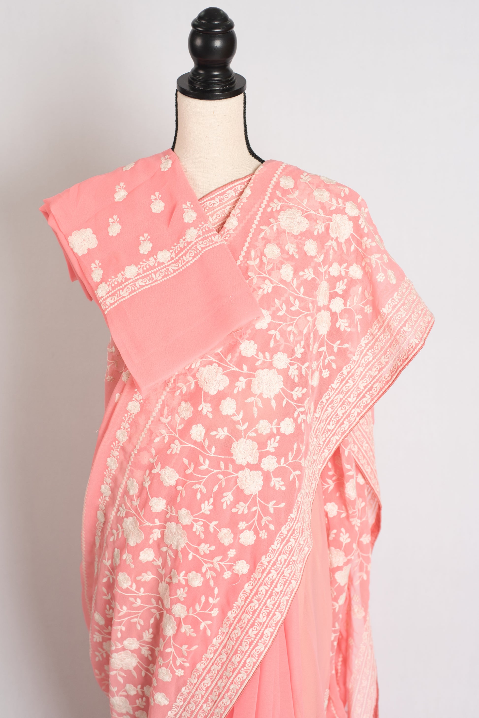 Samira : Peach and White Georgette Embroidered Partywear Saree image 3
