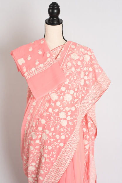 Samira : Peach and White Georgette Embroidered Partywear Saree image 3