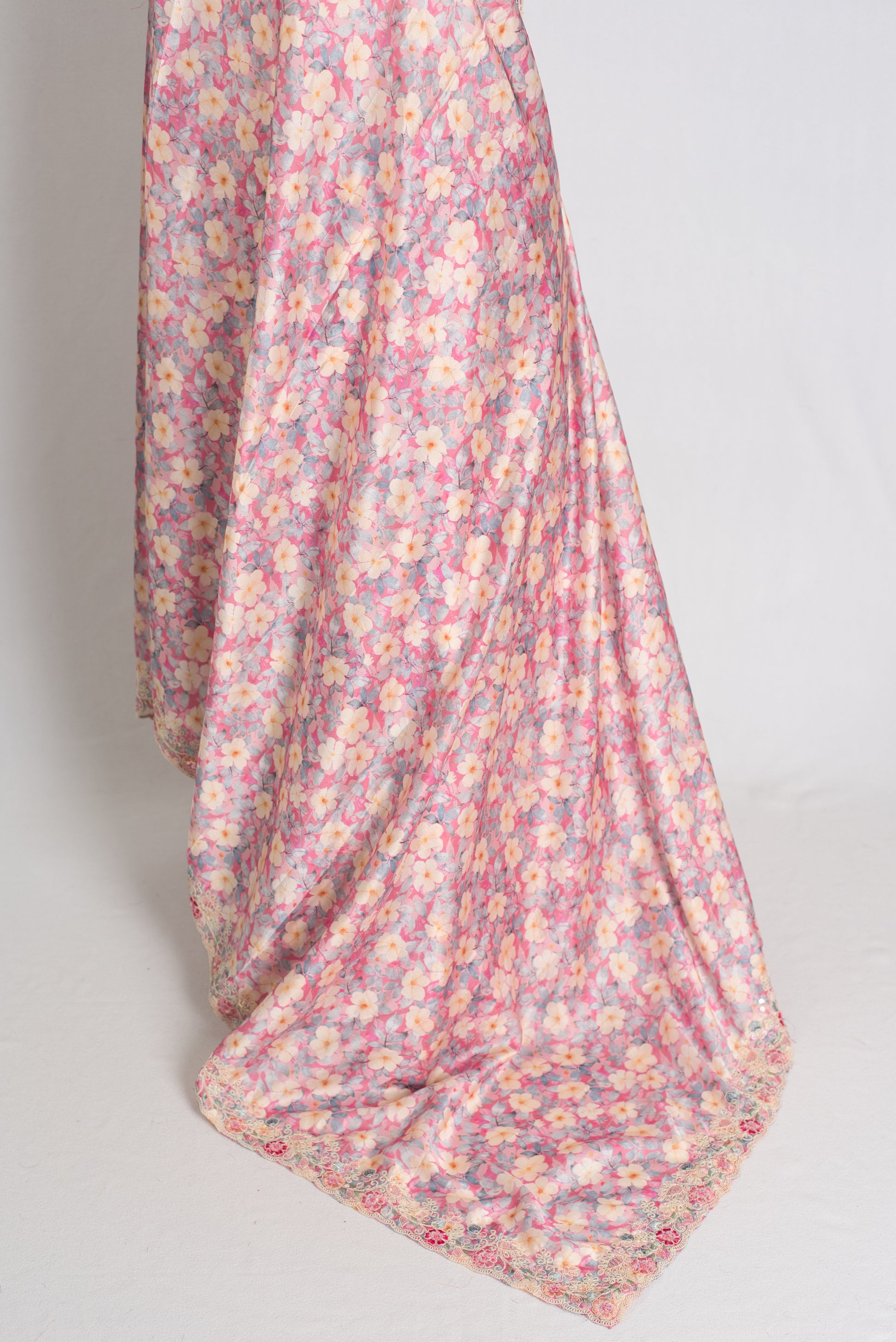 Fiza : Pink Semi Satin Party Wear Saree with Floral Prints and Embroidery image 3