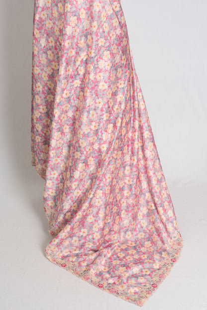 Fiza : Pink Semi Satin Party Wear Saree with Floral Prints and Embroidery image 3