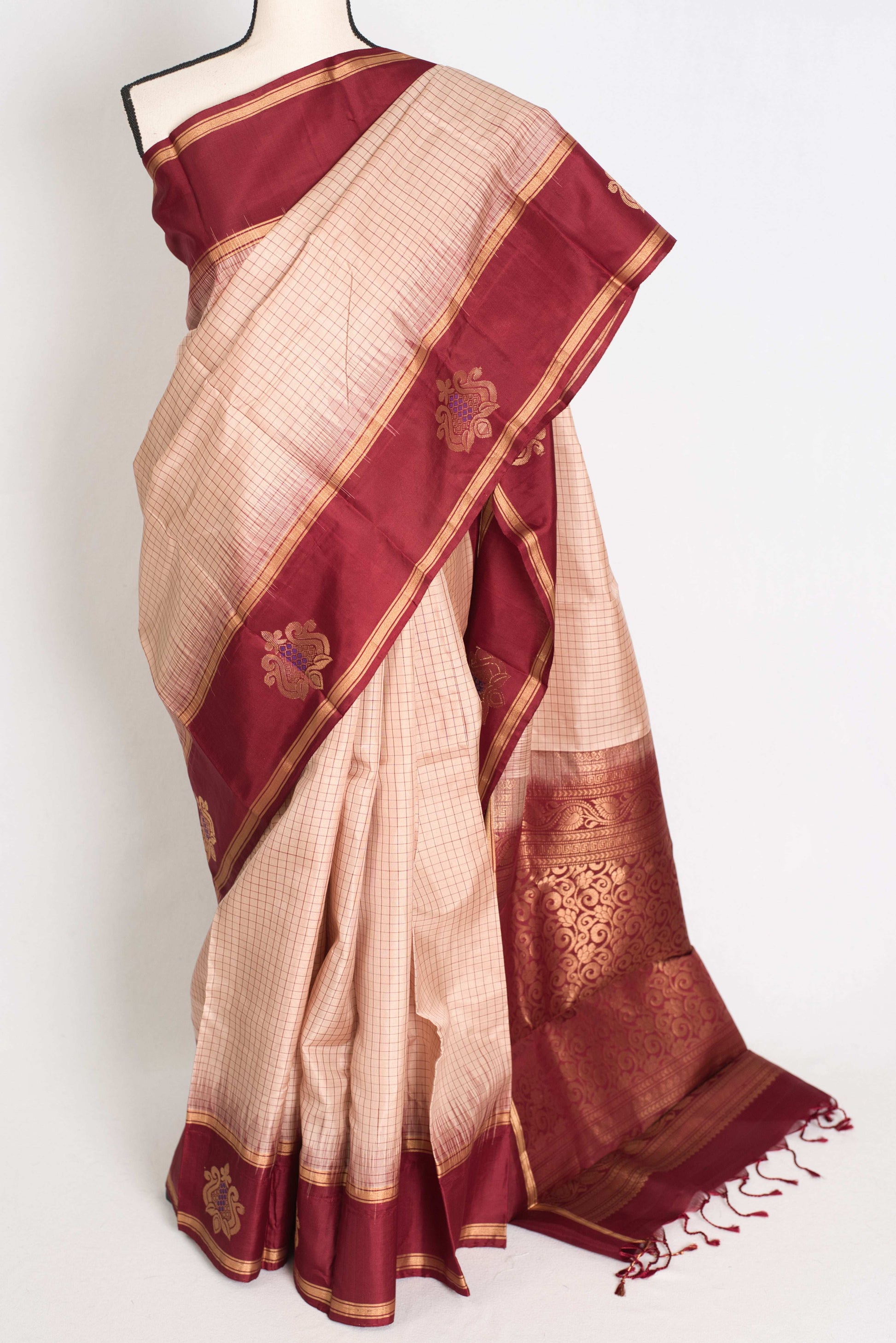 Latha : Silk Mark Certified Cream and Red Checks Kanjeevaram Silk Saree image 0