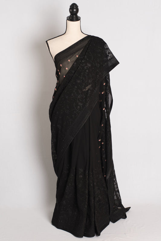 Zehra - Black Kashmiri Georgette Embroidered Saree image 0
