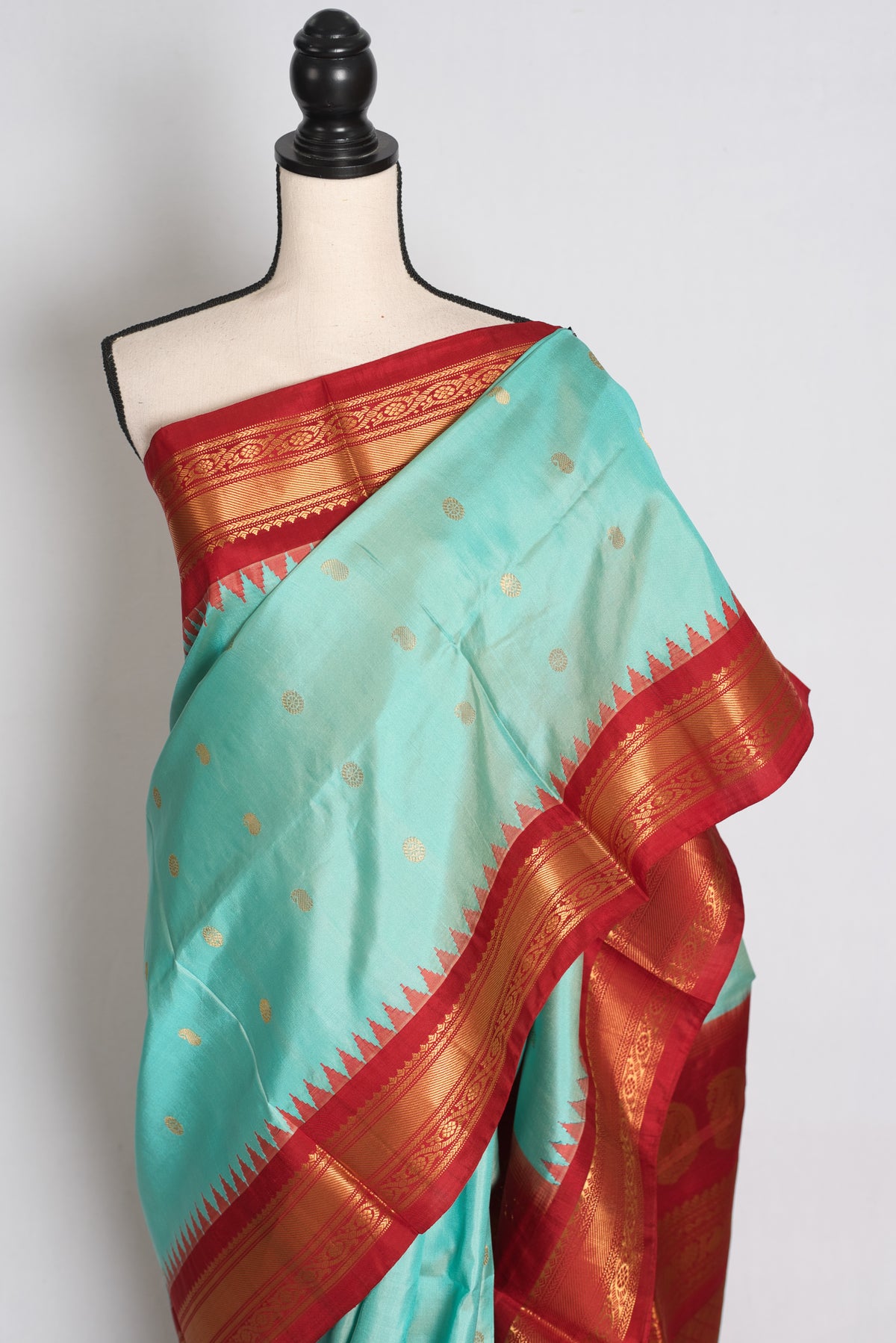 Shreya : Sea Blue & Red Handwoven Pure Gadwal Silk Saree with Stitched Blouse image 6