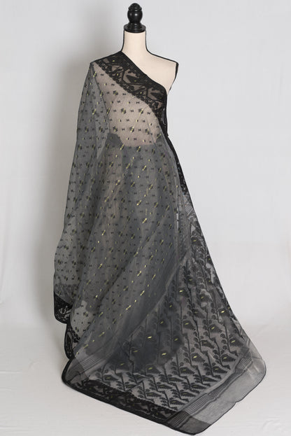 Bithi : Grey and Black Blended Soft Cotton Bengali Jamdani Saree image 1