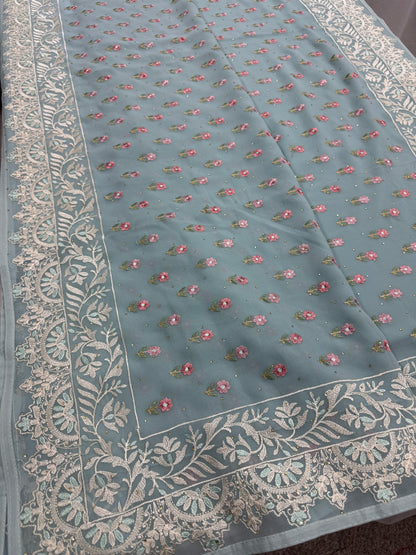 Grace | Sky Blue Georgette Partywear Saree | Pastel Floral Booti Embroidery image 0