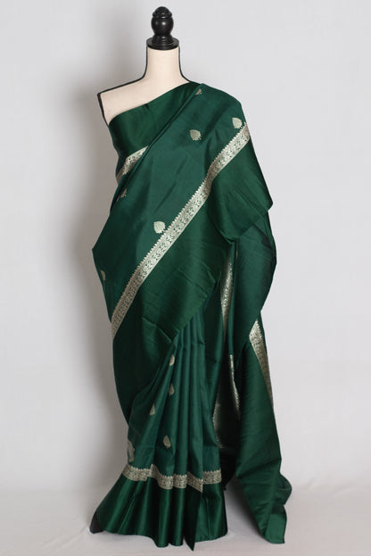 Protha : Bottle Green Tussar Silk Banarasi Saree with 36 Size Blouse image 0
