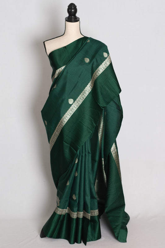 Protha : Bottle Green Tussar Silk Banarasi Saree with 36 Size Blouse image 0