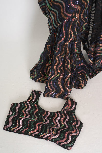 Emi | Black Sequin Cocktail Saree | Partywear with Pre-Stitched Size 38 Blouse image 1