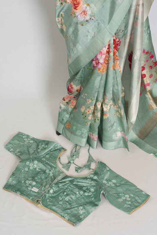 Soma : Sea Green Floral Banarasi Katan Silk Saree with 40 Size Stitched Blouse image 1