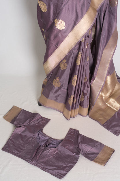 Sudha: Mauve and Gold Banarasi Katan Silk Saree with 40 Size Stitched Blouse image 1