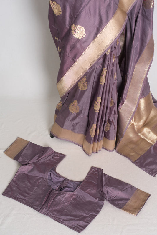 Sudha: Mauve and Gold Banarasi Katan Silk Saree with 40 Size Stitched Blouse image 1