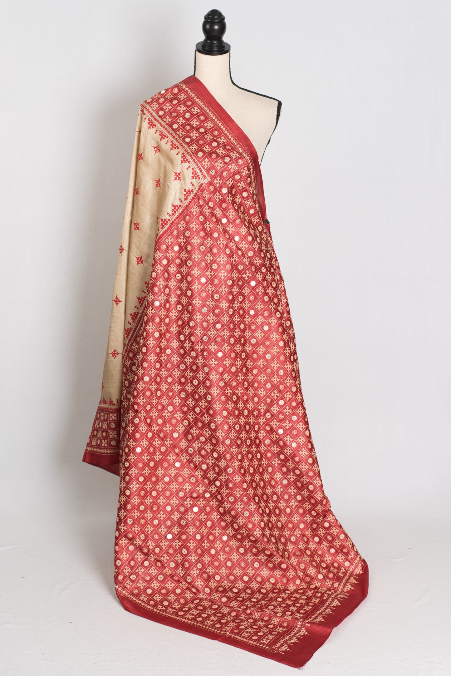 Aarini : Kutch Work Hand Embroidery Tussar Silk Saree in Beige and Red image 1