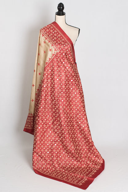 Aarini : Kutch Work Hand Embroidery Tussar Silk Saree in Beige and Red image 1