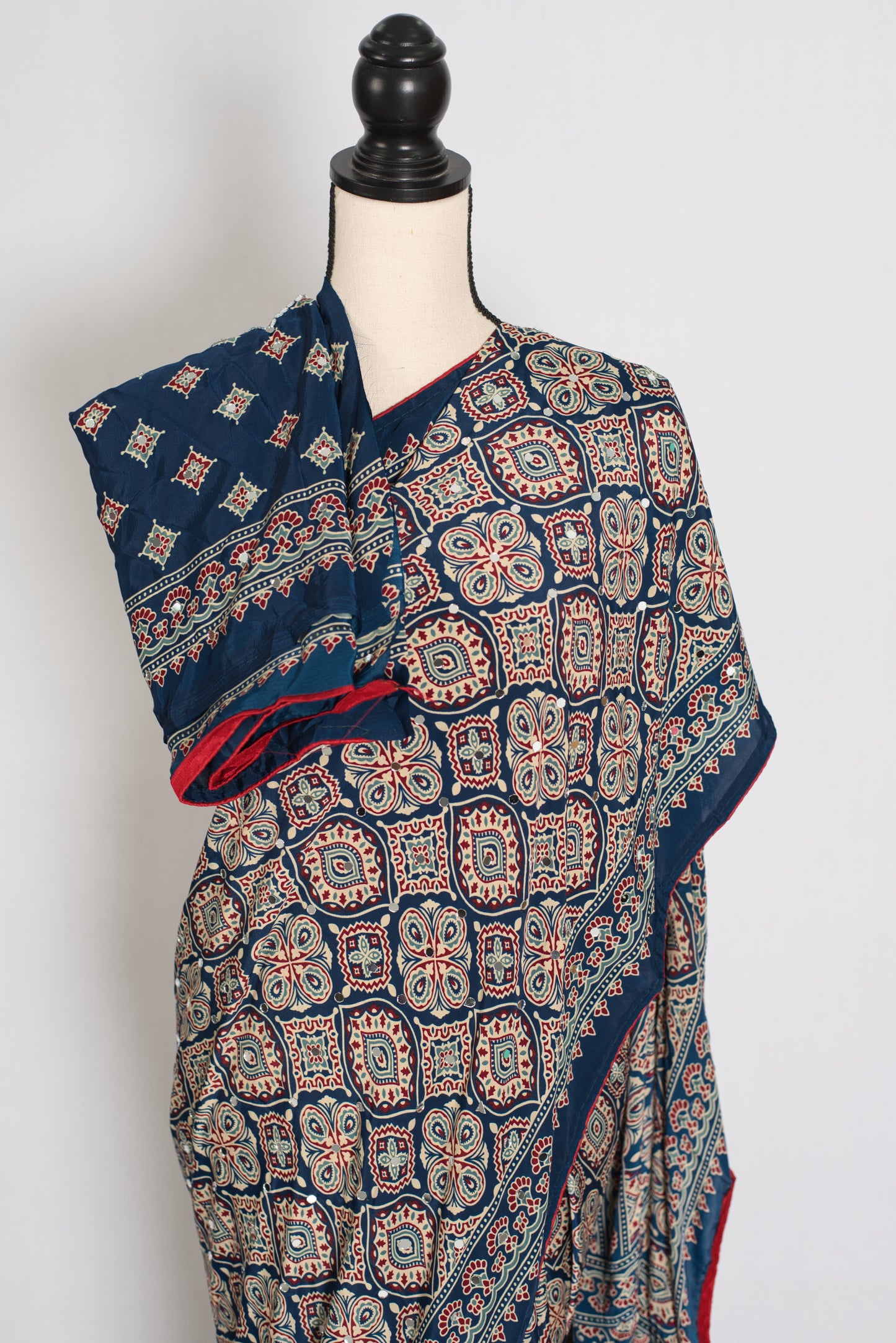 Jiya | Indigo Blue Ajrakh Printed Saree | Mirror Work Semi Modal Silk image 2