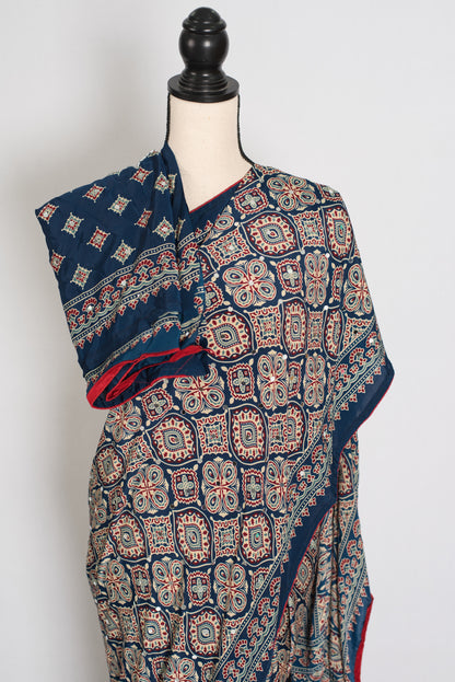 Jiya | Indigo Blue Ajrakh Printed Saree | Mirror Work Semi Modal Silk image 2