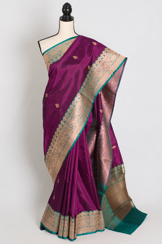 Giri : Silk Mark Certified Banarasi Saree in Eggplant Purple and Green image 0