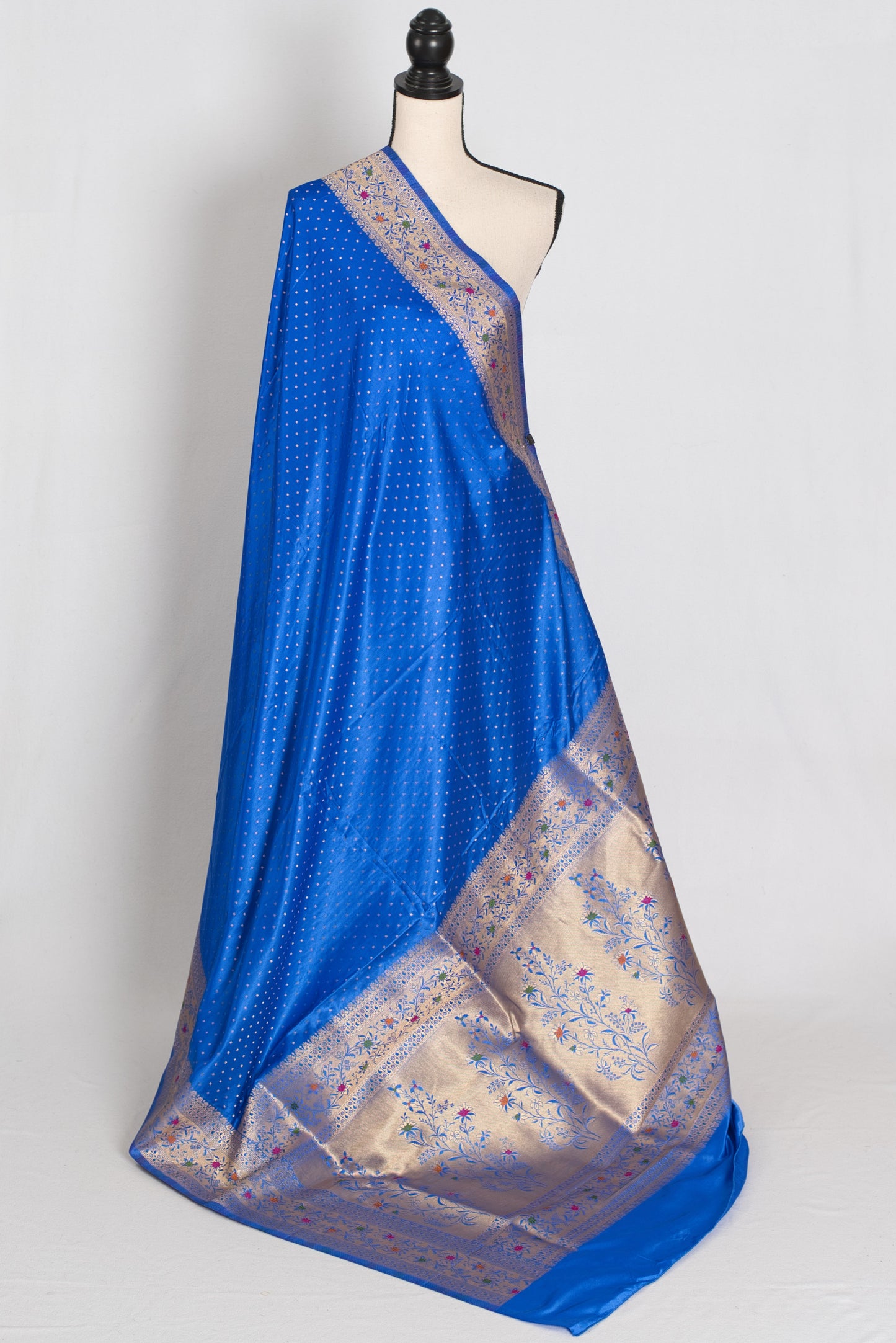 Nila | Blue Semi Mashru Banarasi Saree | Pre-Stitched Size 42 Brocade Blouse image 3