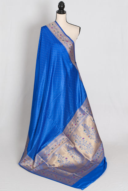 Nila | Blue Semi Mashru Banarasi Saree | Pre-Stitched Size 42 Brocade Blouse image 3