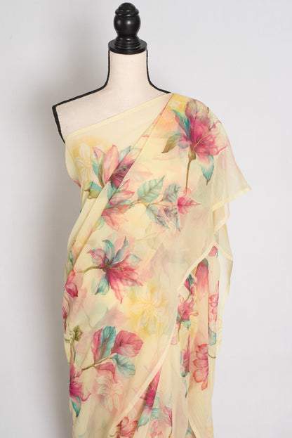 Sia : Light Yellow Floral Printed Chiffon Saree - Budget-Friendly Summer Drape image 4