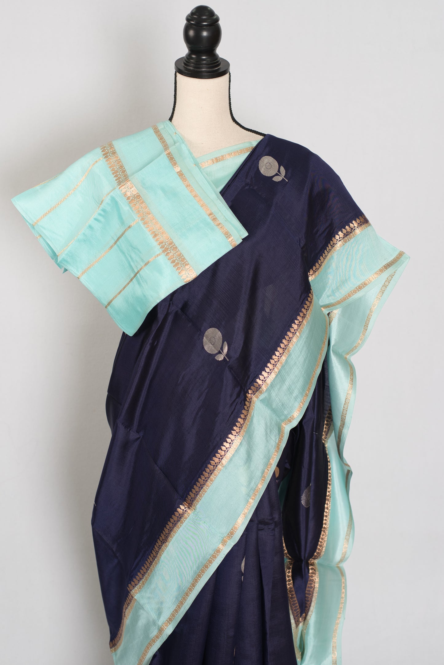 Gehna | Dark Blue & Sky Blue Satin Katan Banarasi Saree | Modern Minimalist image 2