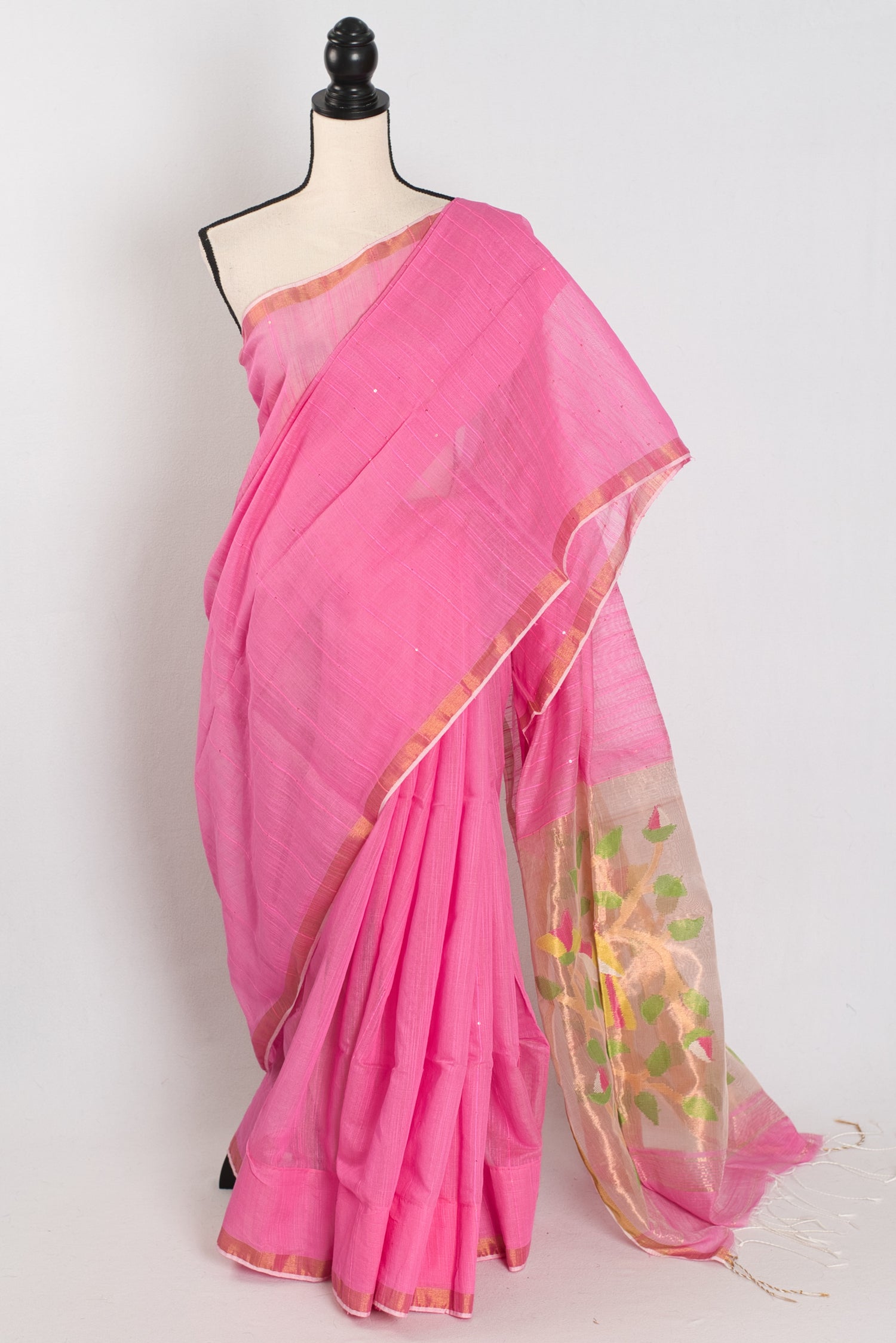 Bristi: Pink & Gold Muslin Cotton Jamdani Saree | Hand-Inspired Sequin Weaving image 0