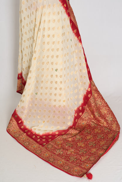 Maya | Off-White & Red Crepe Georgette Banarasi Saree | Bengali Look image 3