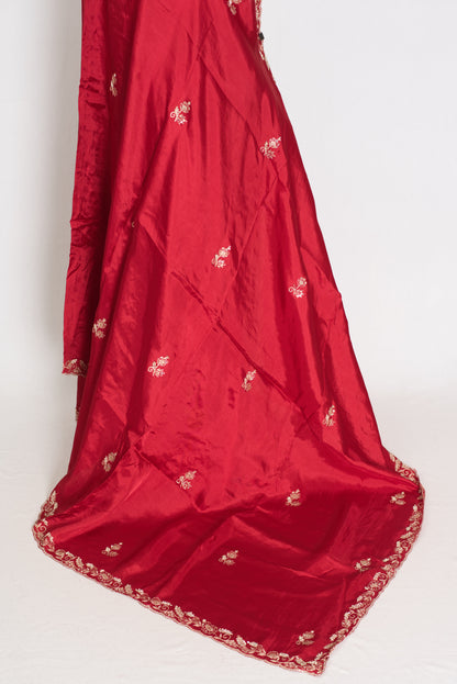 Afrin: Red Semi Satin Saree with Zardosi Hand Embroidery | Partywear image 3